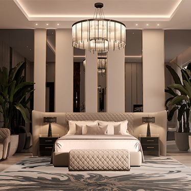 Charla XL Bed, Charla Nightstand, Charla Ottoman, Charla Chaise Longue, Pharo Suspension Lamp, Neptuno rug 